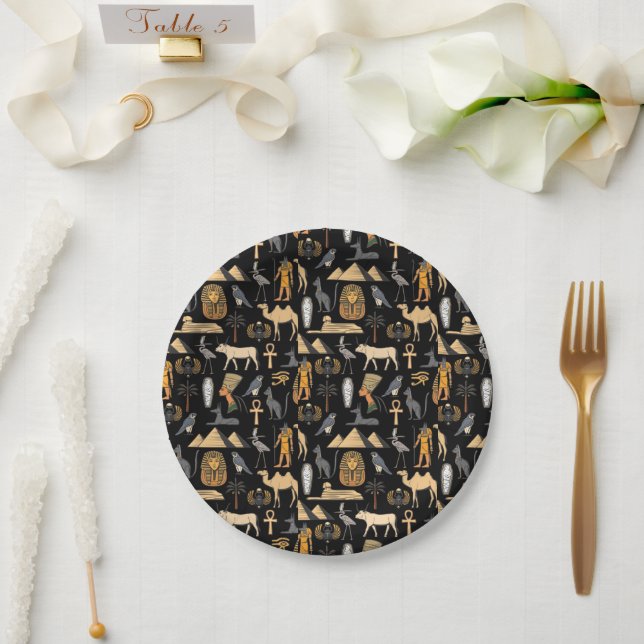 Plato De Papel Fondo con patrón de símbolos jeroglíficos egipcios (Boda)