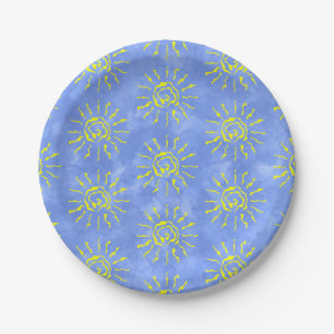 Plato De Papel Fondo de color de agua amarillo del sol azul