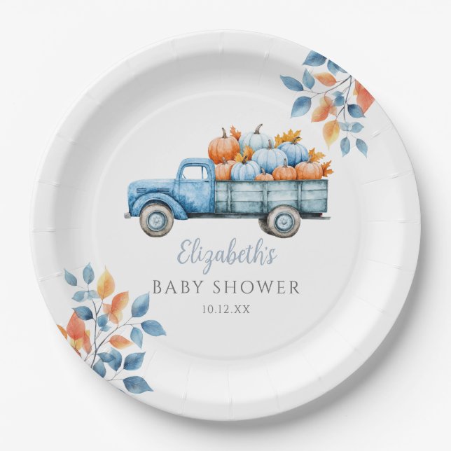 Plato De Papel Fondo de Foto para Baby Shower Little Pumpkin Blue (Anverso)
