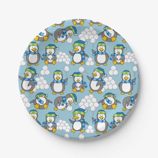 Plato De Papel Fondo de pequeños pingüinos (Anverso)