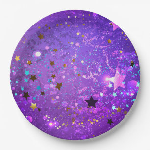 Plato De Papel Fondo de Relieve metalizado púrpura con estrellas