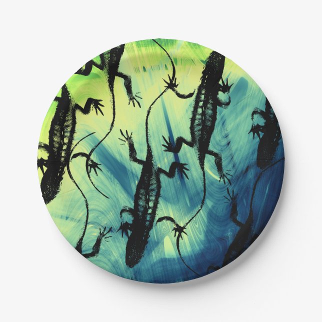 Plato De Papel Fondo del reptil verde azul Lizards (Anverso)