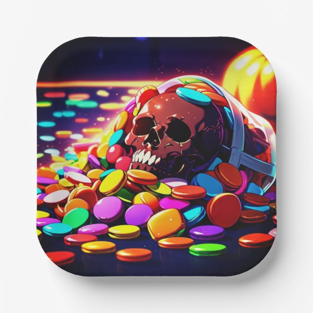 Plato De Papel Fondo Halloween Completo Con Esqueletos (Anverso)