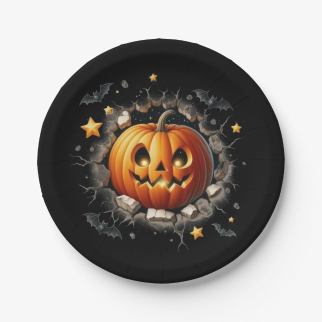 Plato De Papel Fondo Halloween negro con calabaza Naranja (Anverso)