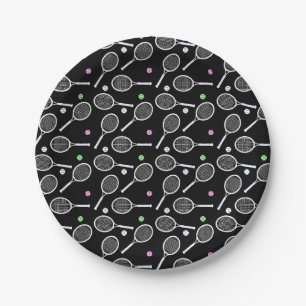 Plato De Papel Fondo negro del patrón de raqueta de tenis