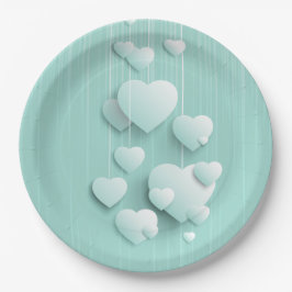 Plato De Papel Fondo verde claro con corazones blancos 3D