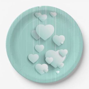 Plato De Papel Fondo verde claro con corazones blancos 3D