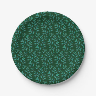 Plato De Papel Fondo verde oscuro con hojas botánicas teal