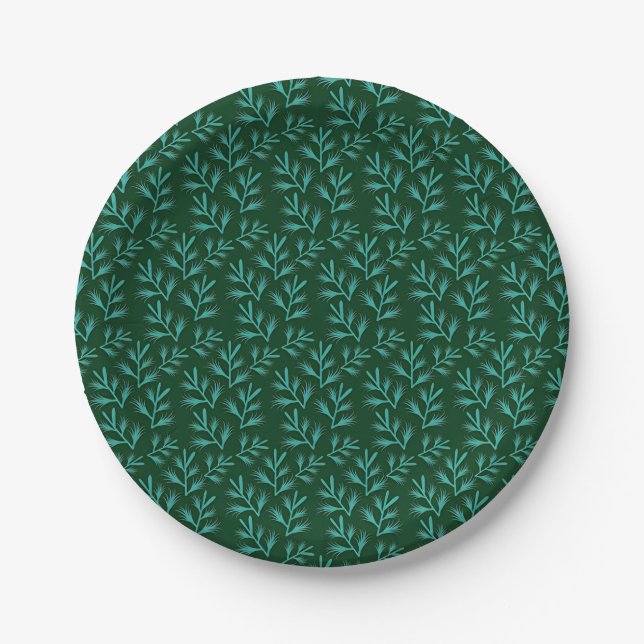 Plato De Papel Fondo verde oscuro con hojas botánicas teal (Anverso)