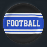 Plato De Papel FOOTBALL Bandas blancas azul brillante negrita<br><div class="desc">Este diseño deportivo y atlético presenta texto en negrita de FOOTBALL dentro de una franja azul brillante resaltada con rayas blancas contra un fondo negro. El texto se puede personalizar.</div>