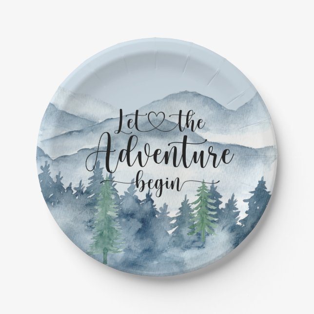 Plato De Papel Forest Adventure Mountains Blue Baby Shower (Anverso)