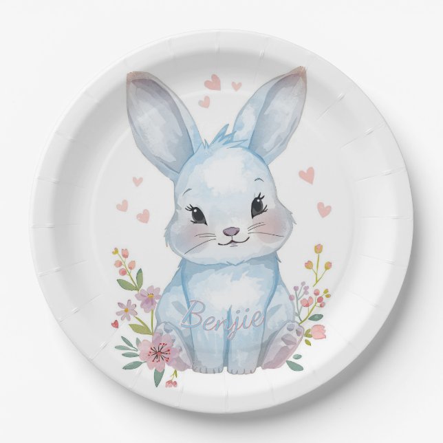 Plato De Papel Forest Animal Baby Shower Decor Blue Bunny (Anverso)