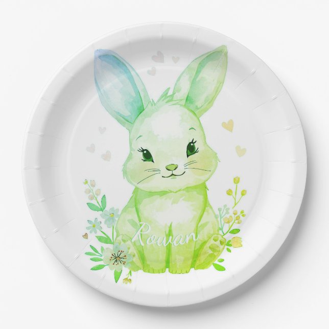Plato De Papel Forest Animal Baby Shower Decor Green Bunny (Anverso)