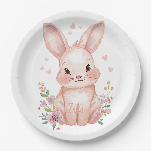 Plato De Papel Forest Animal Baby Shower Decor Pink Bunny (Anverso)