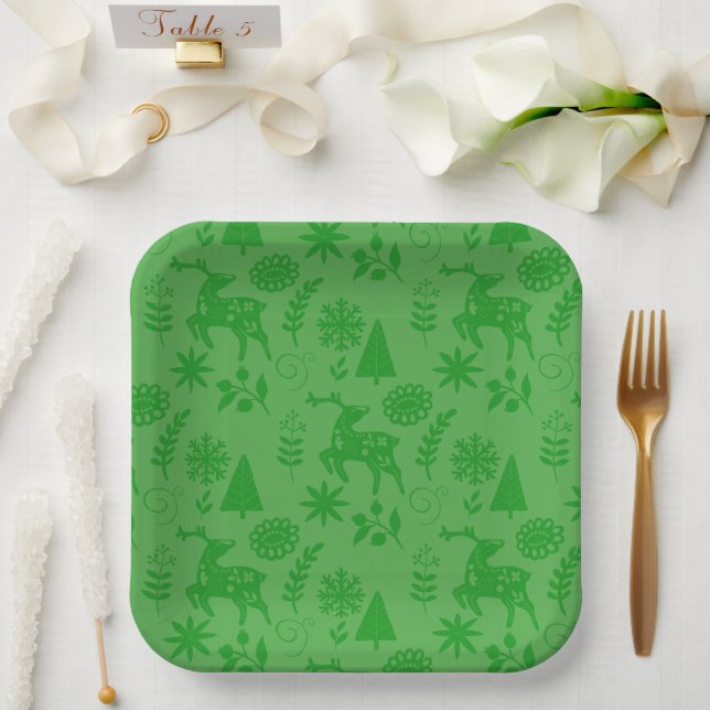 Plato De Papel Forest Deer Folk Art Green (Boda)