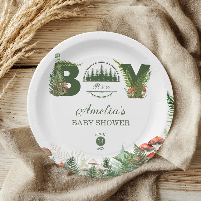 Plato De Papel Forest Green Woodland Mushroom Baby Boy Shower (Subido por el creador)