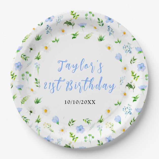 Plato De Papel Forget-Me-Nots and Daisies Floral Birthday (Anverso)
