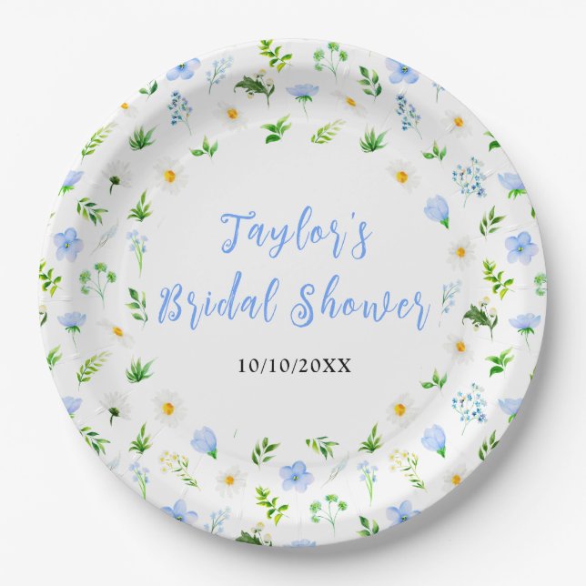 Plato De Papel Forget-Me-Nots and Daisies Floral Bridal Shower (Anverso)
