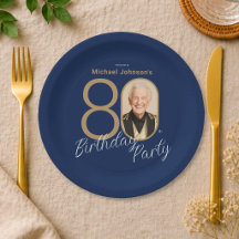 Foto Azul Marino Dorado Elegante Cumpleaños 80 Per