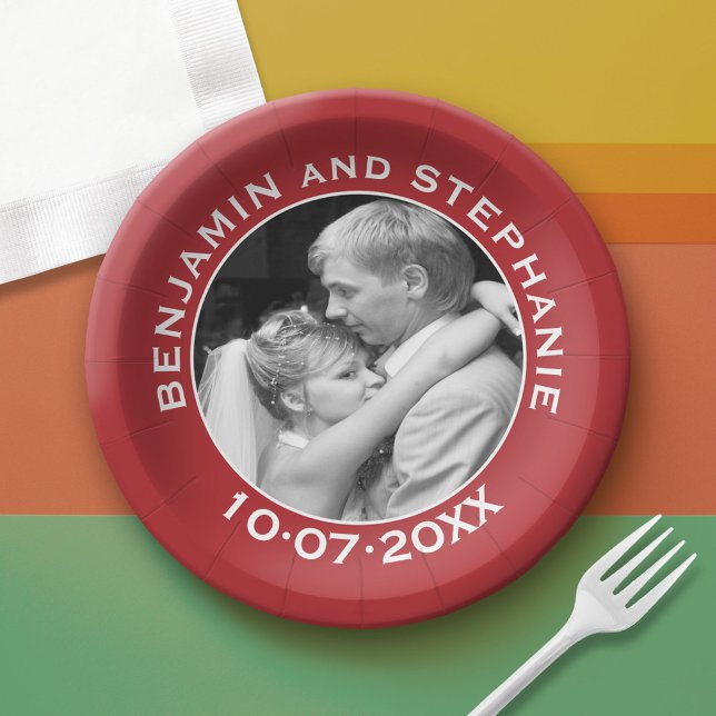 Plato De Papel Foto boda - borde rojo - mínimo moderno (Custom Paper Plate)