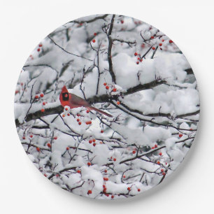 Plato De Papel Foto Cardinal del árbol de nieve