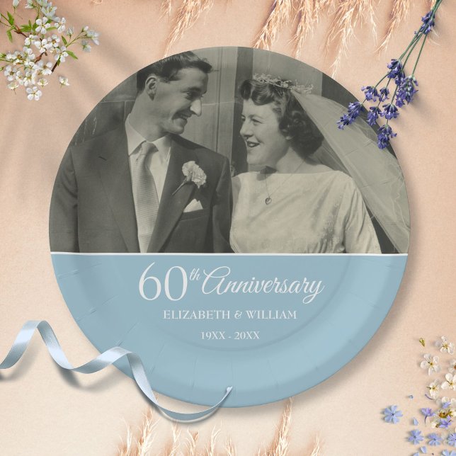 Plato De Papel Foto de boda del 60º aniversario con diamante (60th Anniversary Wedding Photo Diamond Paper Plates)
