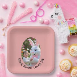 Plato De Papel Foto de conejo y niño en marco ovalado Pascua