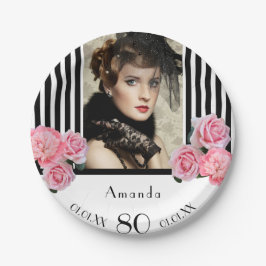 Plato De Papel foto de cumpleaños 80 negro blanco rayas flores