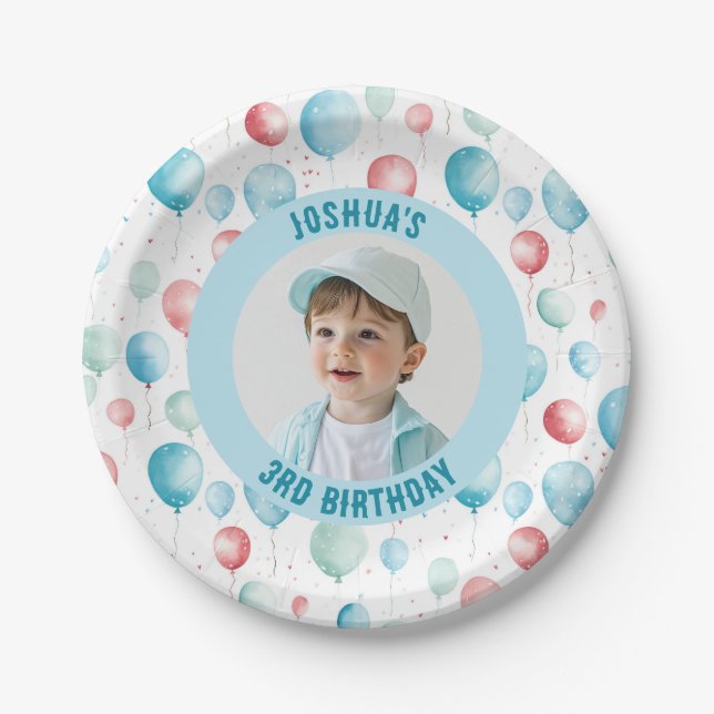 Plato De Papel Foto de cumpleaños de los globos azules (Anverso)