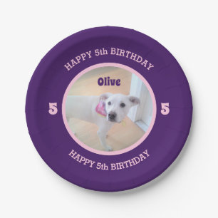 Plato De Papel Foto de cumpleaños púrpura y rosado de perro 5