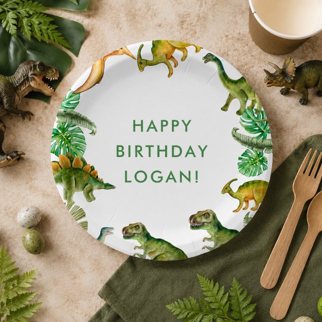 Plato De Papel Foto de fiesta de cumpleaños de dinosaurio (Dinosaur Birthday Party Photo Paper Plates)