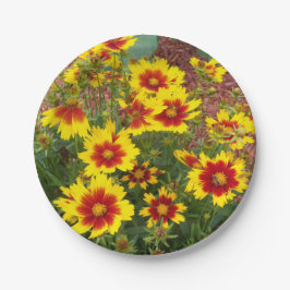 Plato De Papel Foto de Flores de Coreopsis rojas y amarillas en u