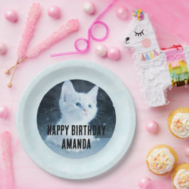 Plato De Papel Foto de gatito blanco lindo en cumpleaños