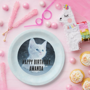 Plato De Papel Foto de gatito blanco lindo en cumpleaños