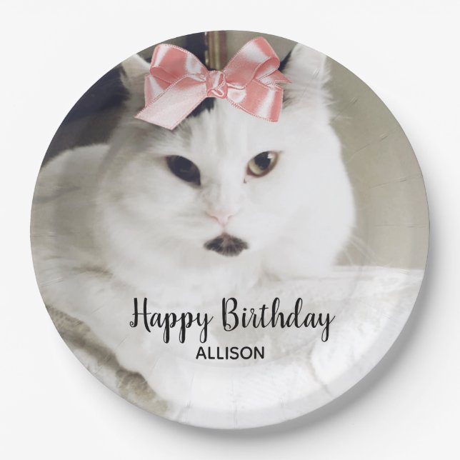 Plato De Papel Foto de gato fino Cumpleaños Rosa Blanca Personali (Anverso)