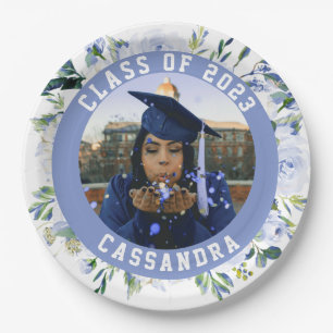 Plato De Papel Foto de graduación de Rosa Floral Azul