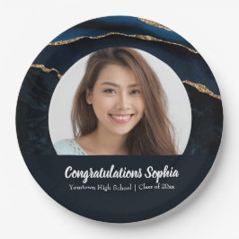 Plato De Papel Foto de graduación personalizada mármol ágata azul
