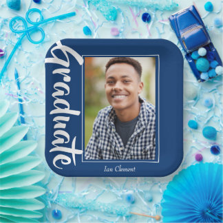 Plato De Papel Foto de Graduado Azul Fiesta Personalizada