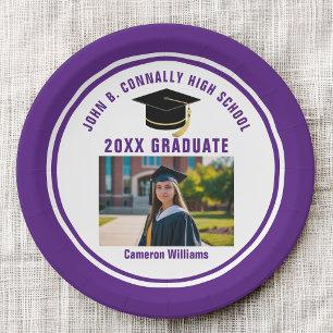 Plato De Papel Foto de graduado personalizada morada para fiesta