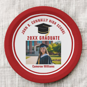 Plato De Papel Foto de graduado roja personalizada Fiesta de grad