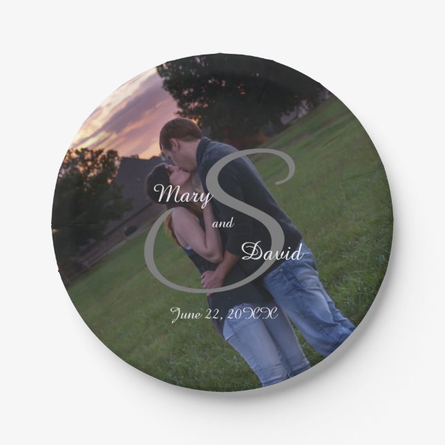 Plato De Papel Foto de Monogram Boda (Anverso)