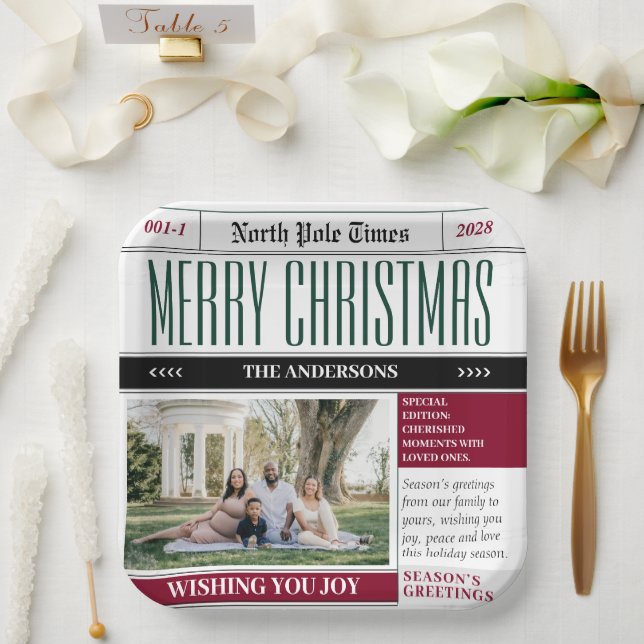 Plato De Papel Foto de Navidades de periódico personalizado del P (Boda)