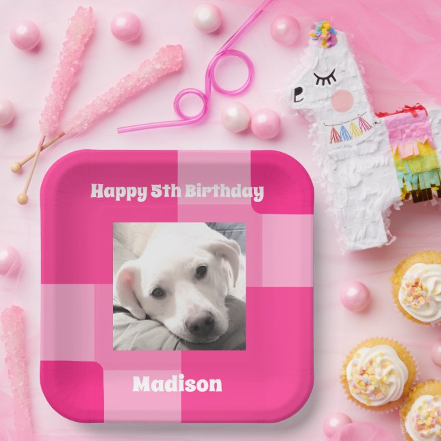 Plato De Papel Foto de perro lindo 5 cumpleaños Rosa (Fiesta)