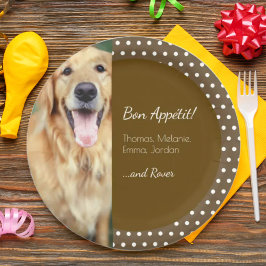 Plato De Papel Foto de perro y nombre familiar Polka Dot Brown