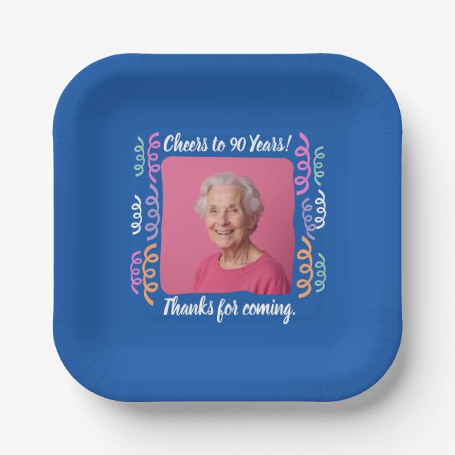 Plato De Papel Foto de personalizados vitoreando a 90 años de vid (Anverso)