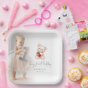 Plato De Papel Foto de Teddy Bear superpuesta Berry Primer Cumple