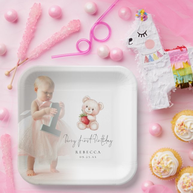Plato De Papel Foto de Teddy Bear superpuesta Berry Primer Cumple (Fiesta)
