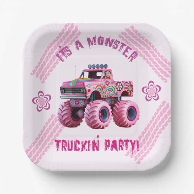 Plato De Papel Foto de un Personalizado Fiesta de Monster Truckin (Anverso)