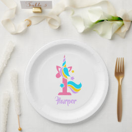 Plato De Papel Foto de Unicornio en rosa y púrpura