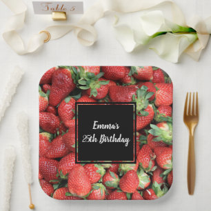 Plato De Papel Foto del cumpleaños de las fresas del Jugo Rojo